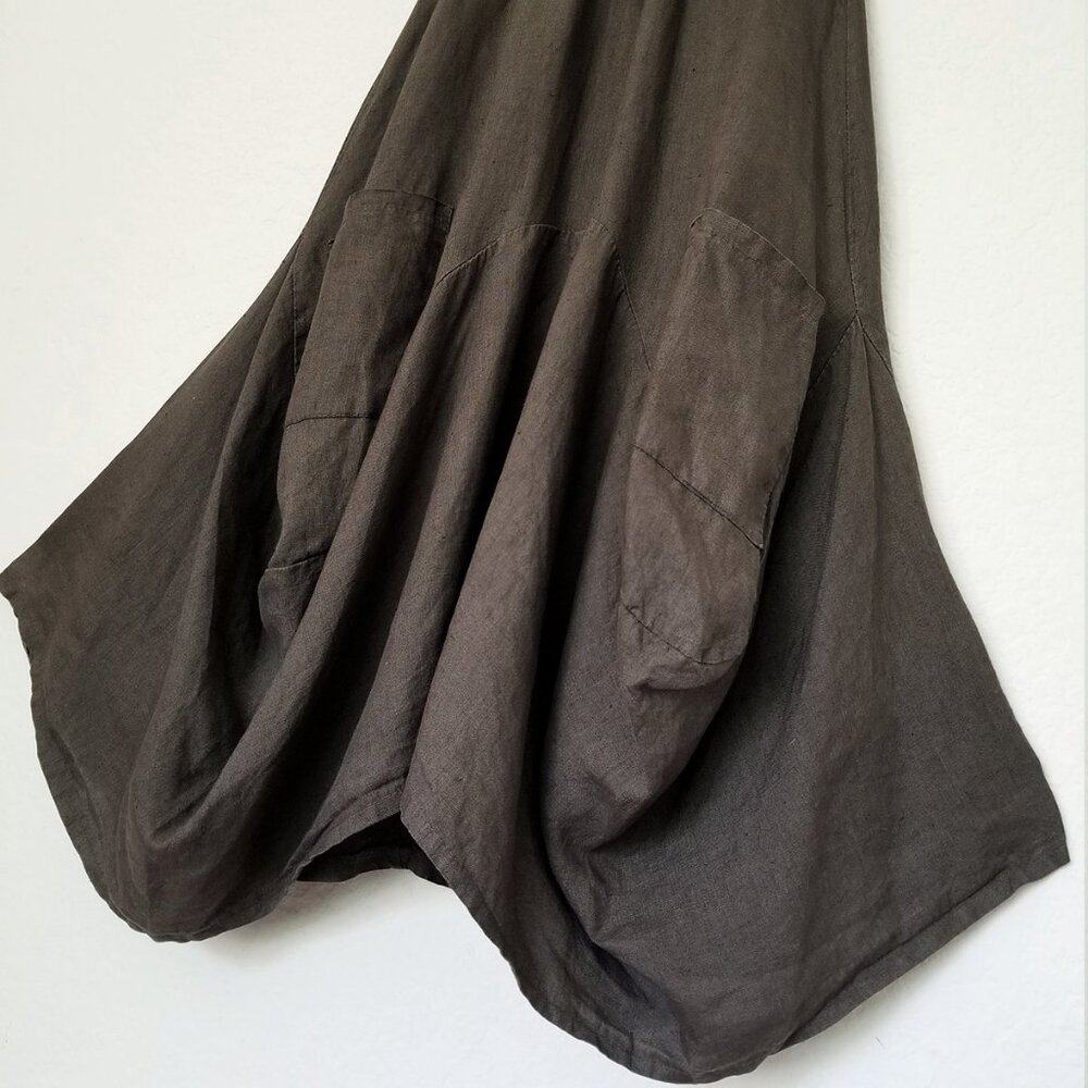 Inizio MAGIC 2 POCKET Sleeveless Linen Dress S Lagenlook Dark Olive Italy $150 - Picture 9 of 11